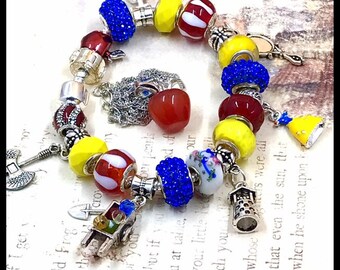 Custom Order JAZMINE Snow White European Style Charm Bracelet ~ Murano Lampwork Glass Beads, Snow White Dress Charm, Apple, Wishing Well