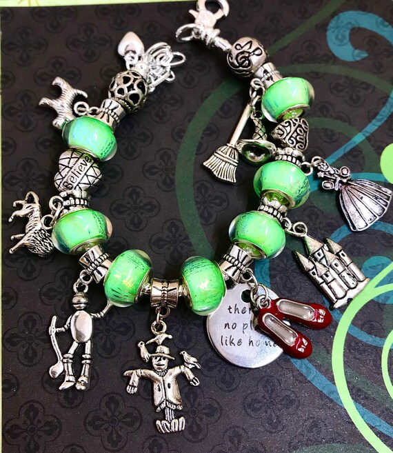 Wicked wizard of Oz Electric Green Pandora Style Bracelet, Fairy Charm,  Toto Dog, Tin Man, Lion, Scarecrow, Witch Charms, Red Shoes 