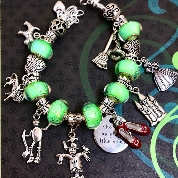 Wicked “Wizard of Oz” Electric Green Pandora Style Bracelet, Fairy Charm, Toto Dog, Tin Man, Lion, Scarecrow, Witch Charms, Red Shoes