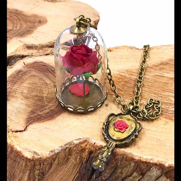 Beauty and the Beast Necklace Red Rose Necklace ~ Belle Necklace, Enchanted Rose in a Glass Dome, Mirror, Mini Glass Dome, Disney Princesses