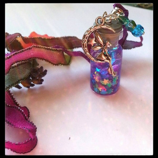 Purple "Moonlight Magic" Fairy Bottle Necklace w Custom Hand Dyed Ribbon ~ Miniature Upcycled Bottle ~ Fairy Charm, Fairy Potion Bottle