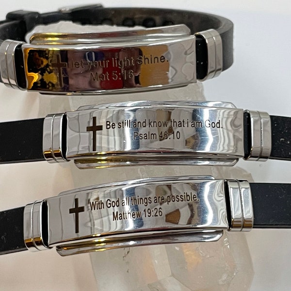 Christian “Verses in Faith"  Black, Genuine Leather Bracelet with Scripture Verses ~ Surfer, Tribal, Beach, Mens Bracelets Guys, Sons, Teens