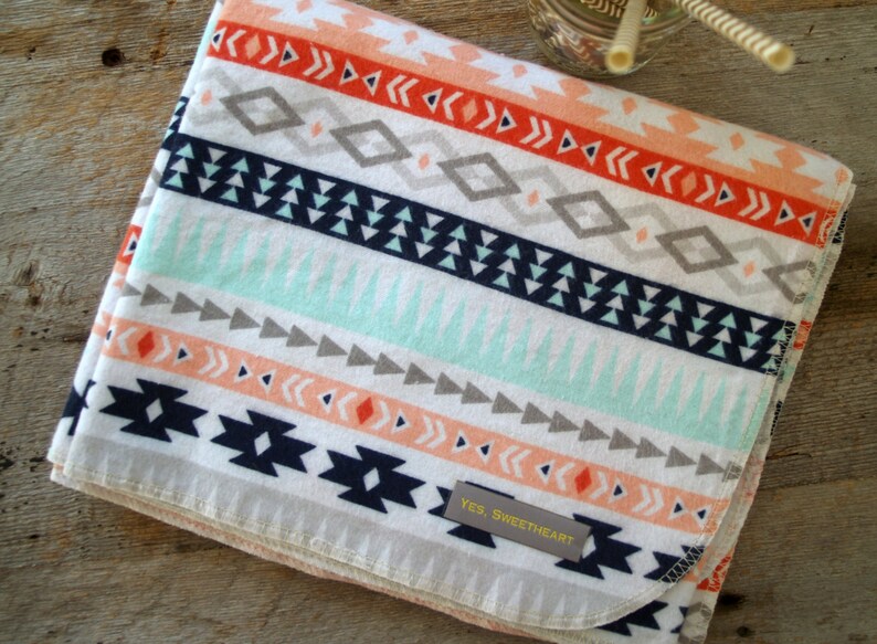 Extra Large Aztec Flannel Baby Receiving Blanket-Modern-Ikat-Baby Shower Gift-Swaddle/Baby Blanket-Mint-Coral-Gray-Navy-Trendy-Nursery image 2