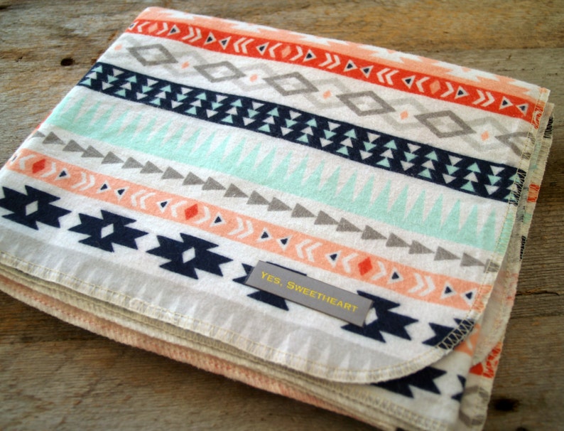 Extra Large Aztec Flannel Baby Receiving Blanket-Modern-Ikat-Baby Shower Gift-Swaddle/Baby Blanket-Mint-Coral-Gray-Navy-Trendy-Nursery image 1