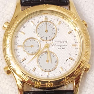 Vintage Citizen Chronograph Alarm Date Month Timer Men Gold Plated Watch Leather
