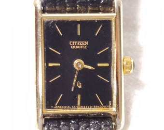 Vintage Citizen CQ Women's Quartz Watch Yellow Gold Plated One Jewel Black Dial Leather Strap