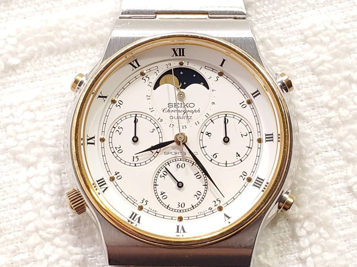 Seiko Chronograph Sports 100 Moon Phase Date Quartz Watch Two Etsy