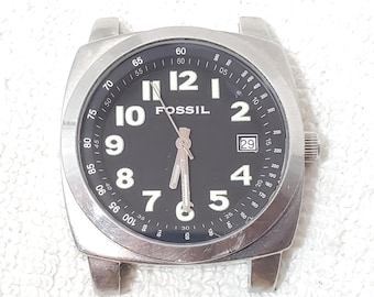 Reloj Fossil vintage para hombre, fecha, acero inoxidable, cuarzo, esfera negra, una joya