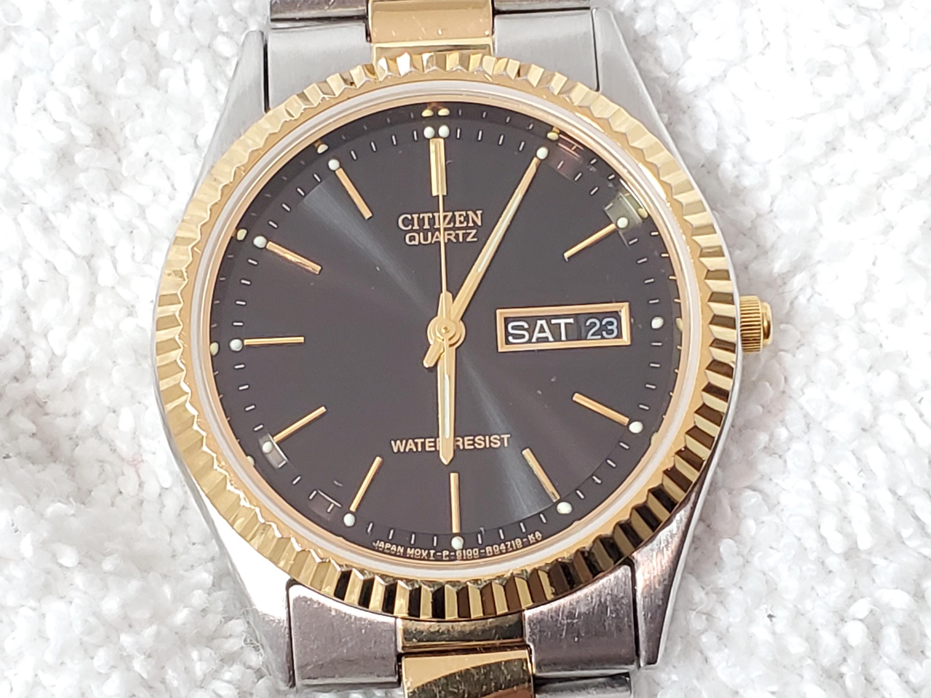 Vintage Citizen CQ Men Presidential Day Date Gold Tone Black Dial Quartz Watch