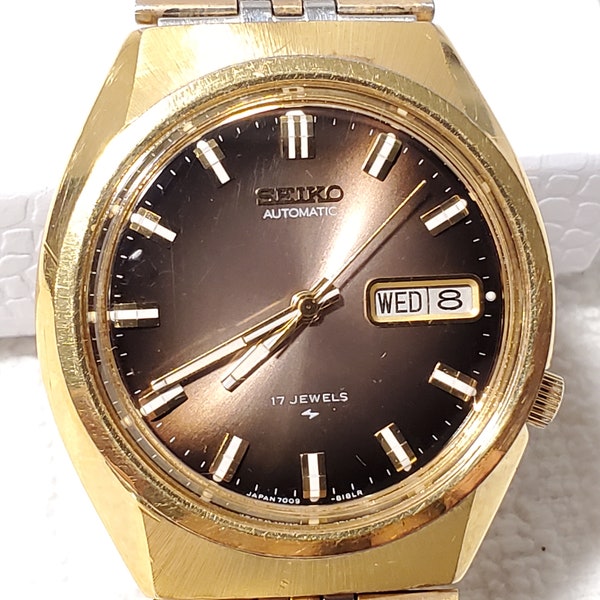 Vintage Seiko Men's Day Date Watch Stainless Steel Gold Plated Seventeen Jewels Brown Dial Luminous Hands