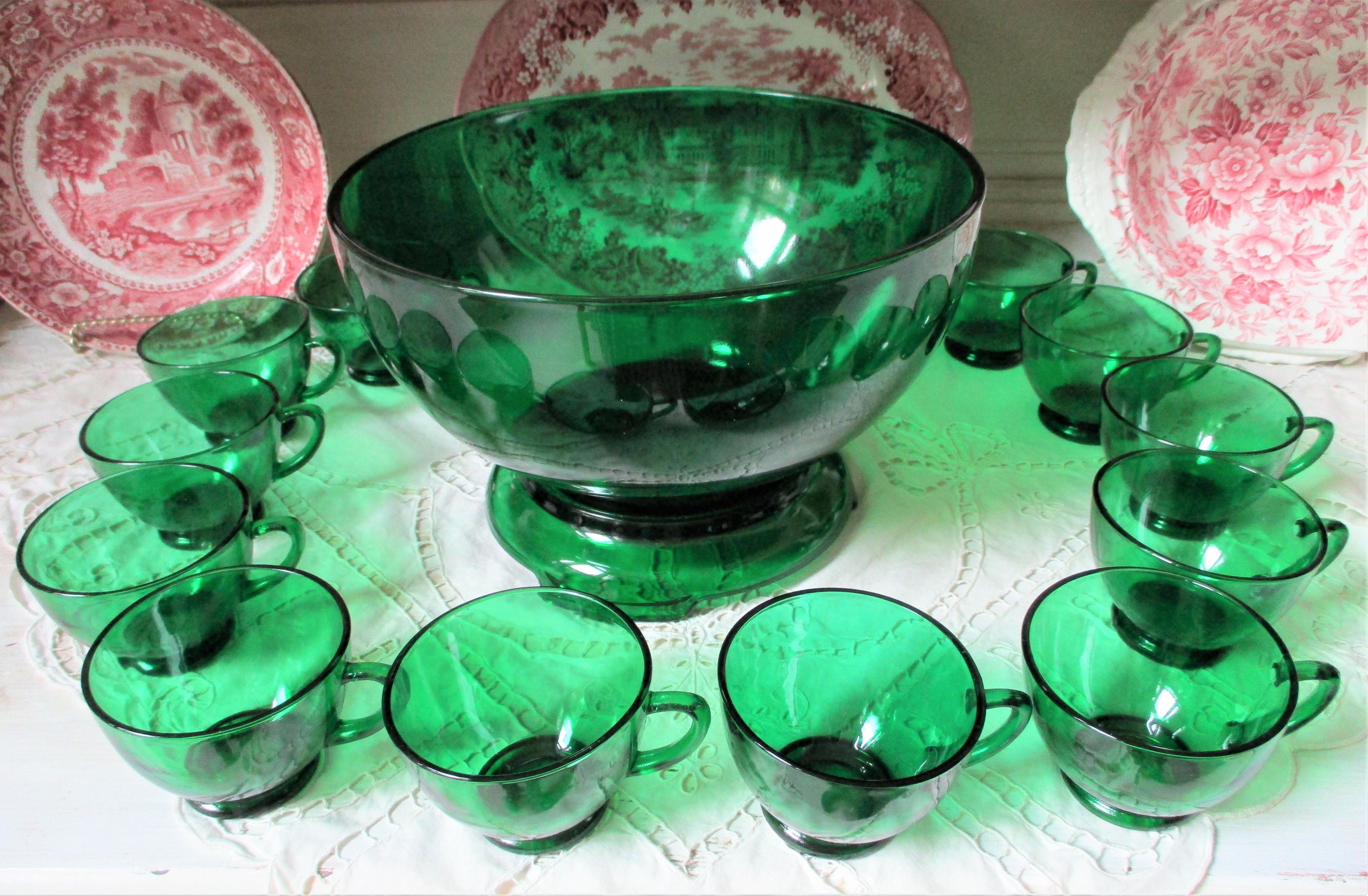Vintage PUNCH BOWL Set 14pc Anchor Hocking GLASS Forest Green Etsy