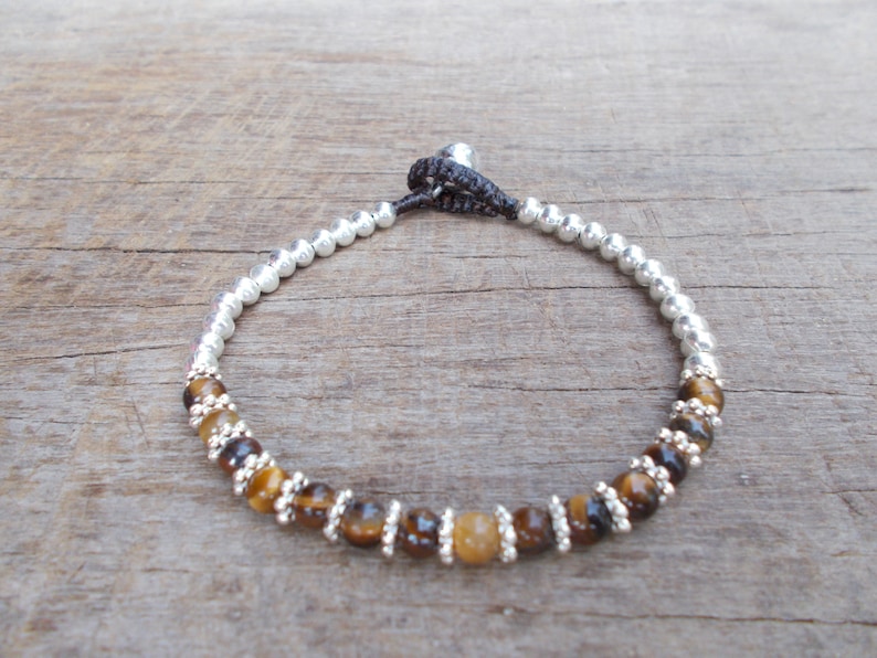 Tiger Eyes Flowers Silver Charm Woven Beads Bracelet