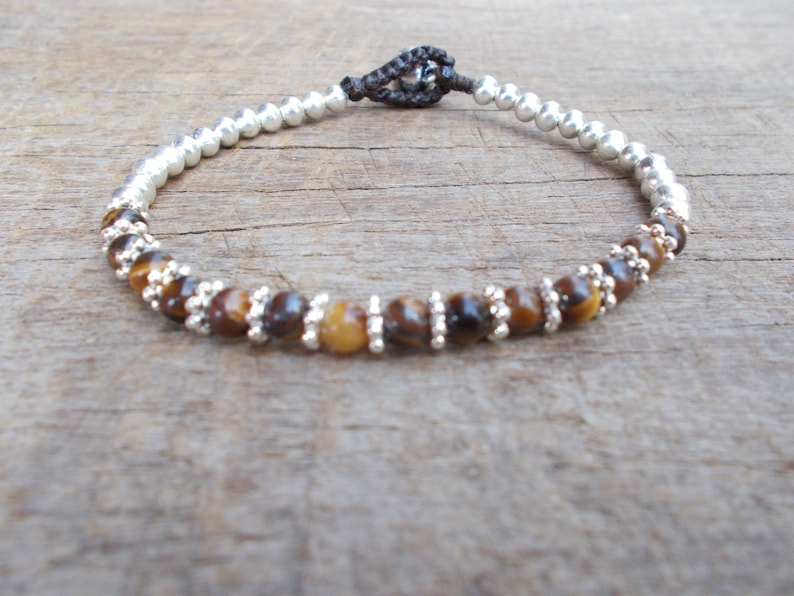 Tiger Eyes Flowers Silver Charm Woven Beads Bracelet