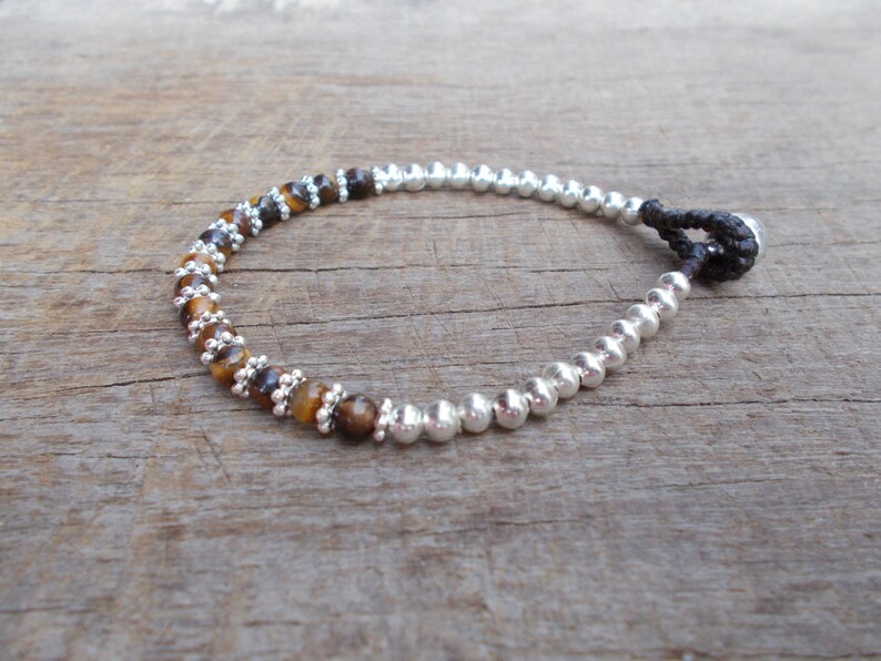 Tiger Eyes Flowers Silver Charm Woven Beads Bracelet