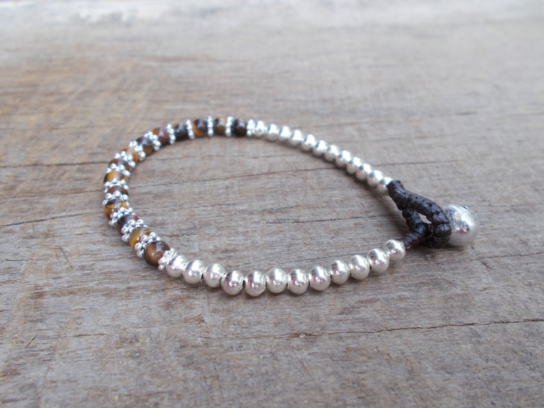 Tiger Eyes Flowers Silver Charm Woven Beads Bracelet