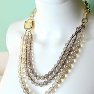 May include: A multi-strand necklace with clear and smoky gray beads. The necklace features a gold-tone chain and a square, pale yellow gemstone pendant. The beads graduate in size, creating a layered effect. The necklace is displayed on a white mannequin.