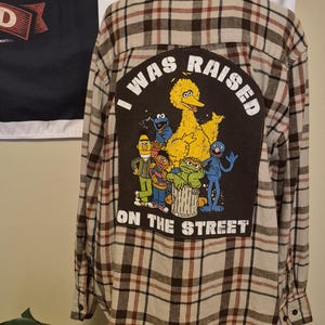 Sesame Street upcycled flannel shirt/vintage cartoon graphic/one-of-a-kind nostalgia jacket/medium