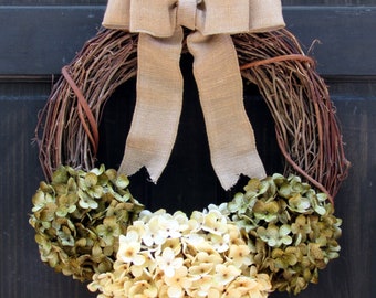 Spring Wreath, Front Door Wreath, Year Round Wreath for Front Door, Rustic Green Hydrangea Wreath, Everyday Wreath, Housewarming Gift