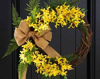 Summer Wreath for Front Door - Yellow Forsythia Farmhouse Style Wreath with Burlap Bow and Green Ferns - Indoor/Outdoor Porch Decoration