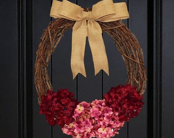 Valentines Day Grapevine Wreath for Front Door, Rustic Spring Wreath for Valentine’s Day Decor, Red Pink Hydrangea Wreath, Front Door Hanger
