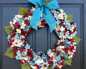 Patriotic Wreath for Front Door, Summer Hydrangea Wreath, Memorial Day Wreath, 4th of July Wreath, Red Off White Blue Outdoor Porch Decor