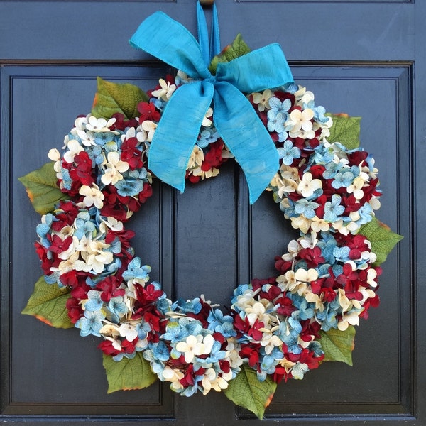 Patriotic Wreath for Front Door, Summer Hydrangea Wreath, Memorial Day Wreath, 4th of July Wreath, Red Off White Blue Outdoor Porch Decor