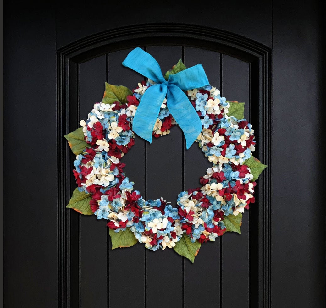 Patriotic Wreath for Front Door, Wreath for Summer, Hydrangea Wreath