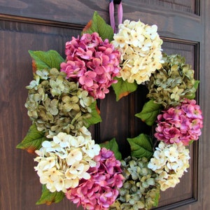 Spring Wreath for Front Door, Wreath for Spring, Summer Hydrangea Wreath, Handmade Mother's Day Gift for Her, Pink Cream Green Porch Decor image 2