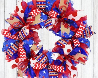 Patriotic Wreath for Front Door, Memorial Day Wreath, 4th of July Wreath, Americana Wreath, Red White and Blue Deco Mesh Outdoor Porch Decor