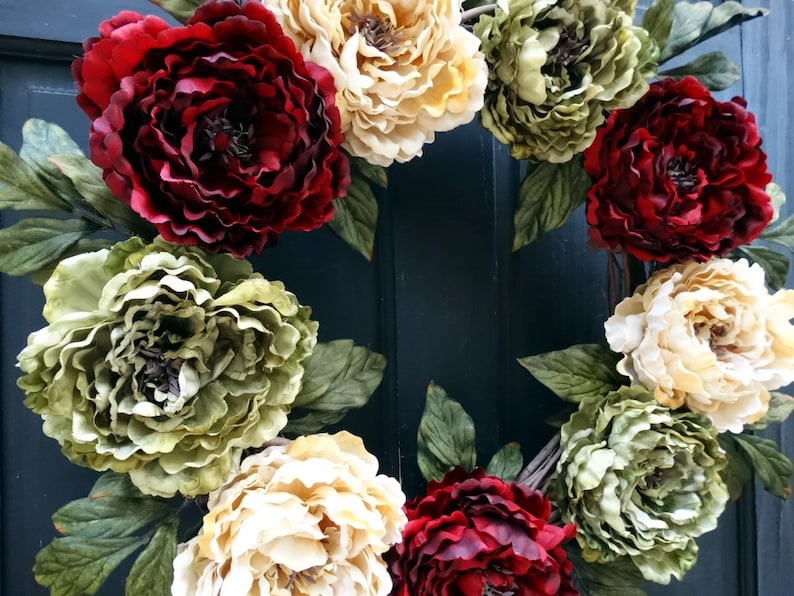 Holiday Wreath Peony Wreath 24 Inch Wreath for Door Large Wreath Front Door Wreath Porch Decor Christmas Wreath Christmas Door Decor