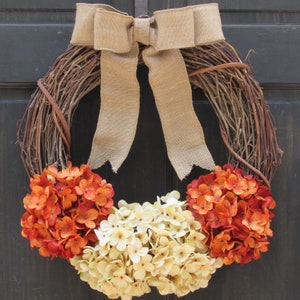 Autumn Door Wreath, Orange Hydrangea Wreath, Fall Porch Decoration, Rustic Housewarming Gift, Fall Grapevine Wreath, Indoor/Outdoor Decor