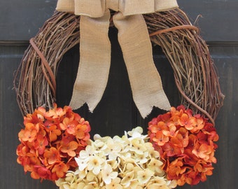 Autumn Door Wreath, Orange Hydrangea Wreath, Fall Porch Decoration, Rustic Housewarming Gift, Fall Grapevine Wreath, Indoor/Outdoor Decor