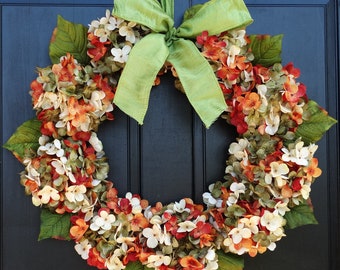 Hydrangea Fall Wreath for Front Door, Wreath for Summer, Hydrangea Wreath, Orange Cream Green Fall Wreath for Thanksgiving Porch Decoration