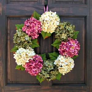 Spring Wreath for Front Door, Wreath for Spring, Summer Hydrangea Wreath, Handmade Mother's Day Gift for Her, Pink Cream Green Porch Decor image 5