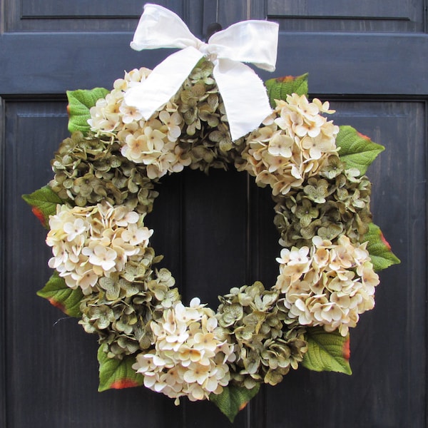 Hydrangea Everyday Wreath for Front Door, Wreath for Spring, Hydrangea Wreath, Year Round Wreath, Green Cream Wreath for Fall Porch Decor
