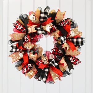Buffalo Plaid Merry Christmas Wreath – HoHoHo Santa Holiday Front Door Decor – Red, Black, Burlap & White Deco Mesh Porch Decoration – 24&quot;
