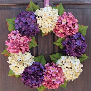 Hydrangea Easter Wreath for Front Door, Wreath for Spring, Hydrangea Wreath, Purple Cream Pink Hydrangea Wreath for Easter Porch Decoration