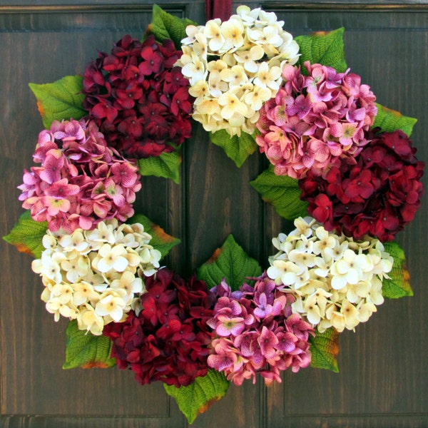 Spring Wreath for Front Door, Wreath for Spring, Hydrangea Wreath, Red Cream Pink Outdoor Porch Decor, Handmade Mother's Day Gift for Her
