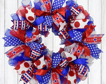 Red White and Blue Wreath for Front Door, Patriotic Wreath, 4th of July Wreath, Memorial Day Wreath, Stars & Stripes Wreath for Porch Decor