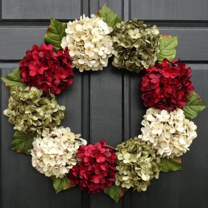 Hydrangea Christmas Wreath for Front Door, Wreath for Christmas, Hydrangea Wreath, Holiday Wreath, Red Cream Green Wreath for Porch Decor