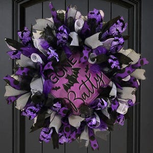 Gone Batty Wreath, Halloween Wreath for Front Door, Wreath for Fall Door Decor, Purple Black White Mesh Front Porch Decoration, 26 Inch