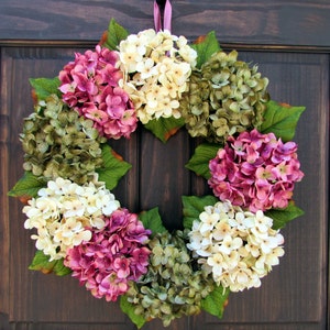 Spring Wreath for Front Door, Wreath for Spring, Summer Hydrangea Wreath, Handmade Mother's Day Gift for Her, Pink Cream Green Porch Decor image 1