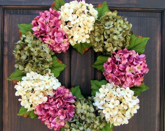 Spring Wreath for Front Door, Wreath for Spring, Summer Hydrangea Wreath, Handmade Mother's Day Gift for Her, Pink Cream Green Porch Decor