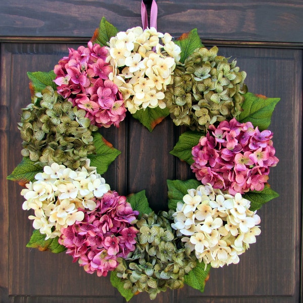 Spring Wreath for Front Door, Wreath for Spring, Summer Hydrangea Wreath, Handmade Mother's Day Gift for Her, Pink Cream Green Porch Decor