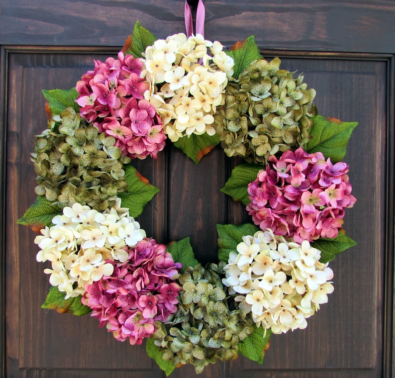 Spring Wreath for Front Door, Wreath for Spring, Summer Hydrangea Wreath, Handmade Mother's Day Gift for Her, Pink Cream Green Porch Decor image 1