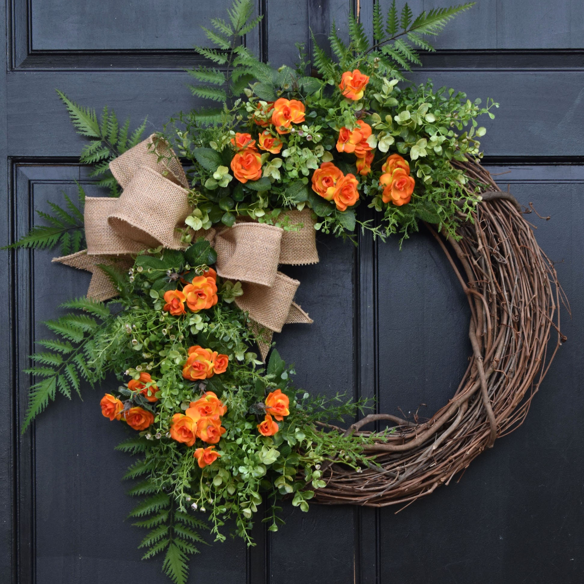 Orange Mini Rose Wreath, Grapevine Wreath, Spring Wreath, Front Door