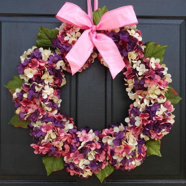 Hydrangea Spring Wreath for Front Door, Easter Porch Decoration, Pink Cream Purple Hydrangea Decor, Small-Extra Large Sizes, Indoor/Outdoor