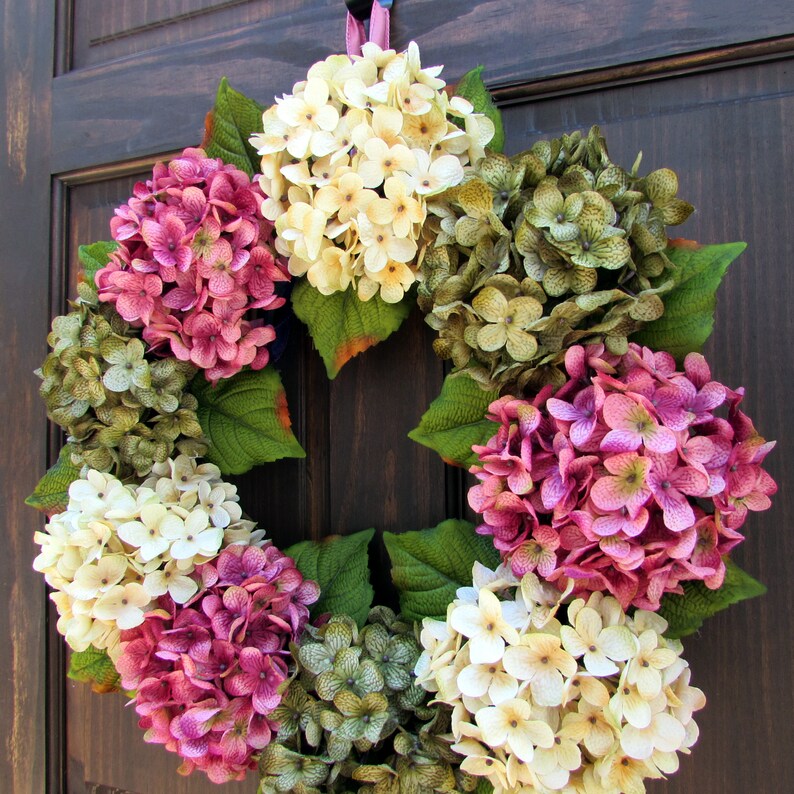 Spring Wreath for Front Door, Wreath for Spring, Summer Hydrangea Wreath, Handmade Mother's Day Gift for Her, Pink Cream Green Porch Decor image 4