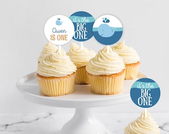 Editable Whale Cupcake Toppers. Whale Birthday. Editable Template in Corjl.