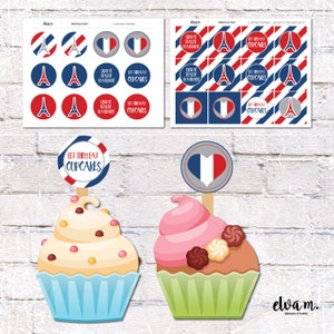 French Theme Cupcake Toppers and Cake Bunting. French Theme Party Decor. Printable / DIY. DIGITAL DOWNLOAD image 1